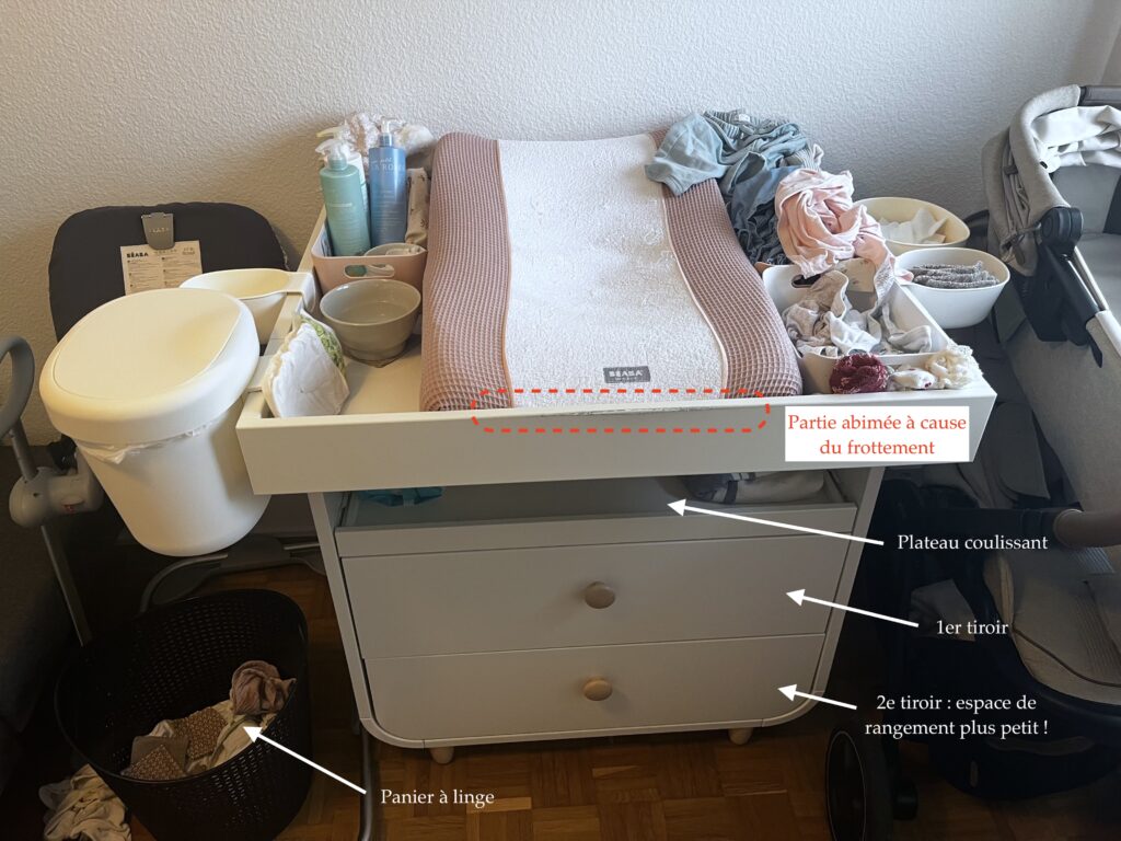 Exemple pour bien organiser sa table à langer avec des bacs de rangement