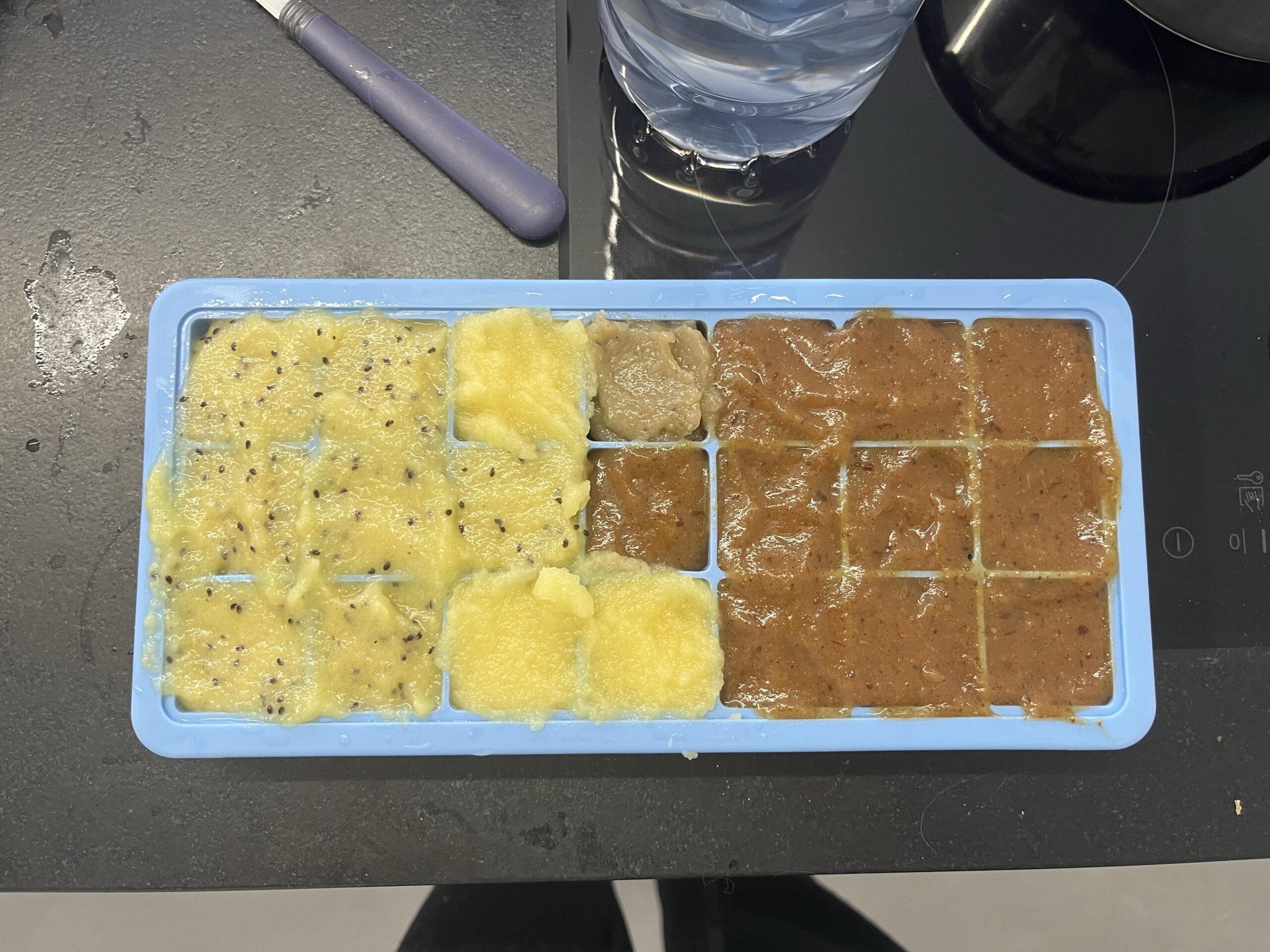 Un bac bleu rempli de petites portions de préparations maison.