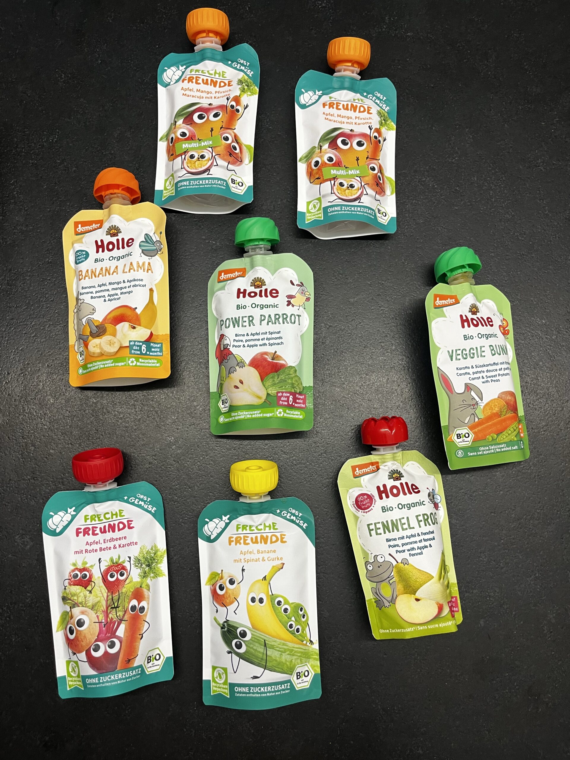 Des gourdes de fruits et de légumes Holle et Freche Freunde.