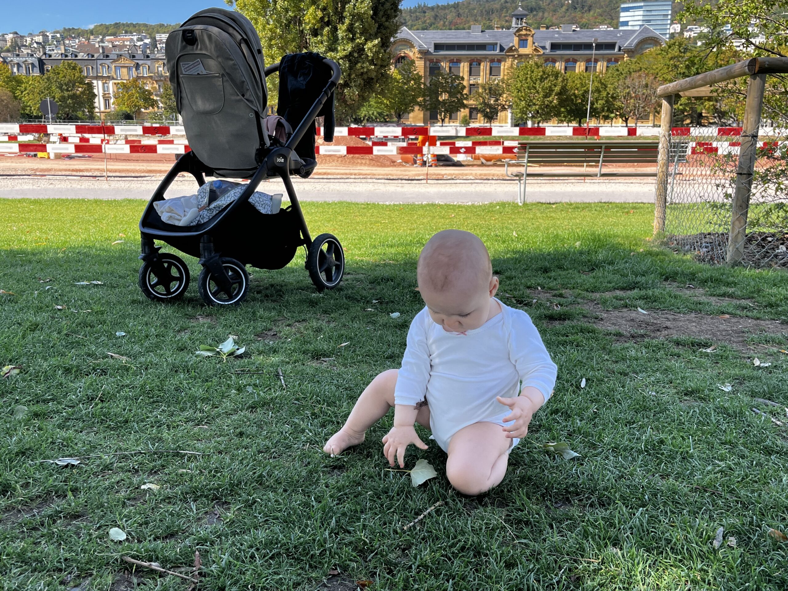 Patachou explore l’herbe près de sa poussette aux Jeunes-Rives à Neuchâtel