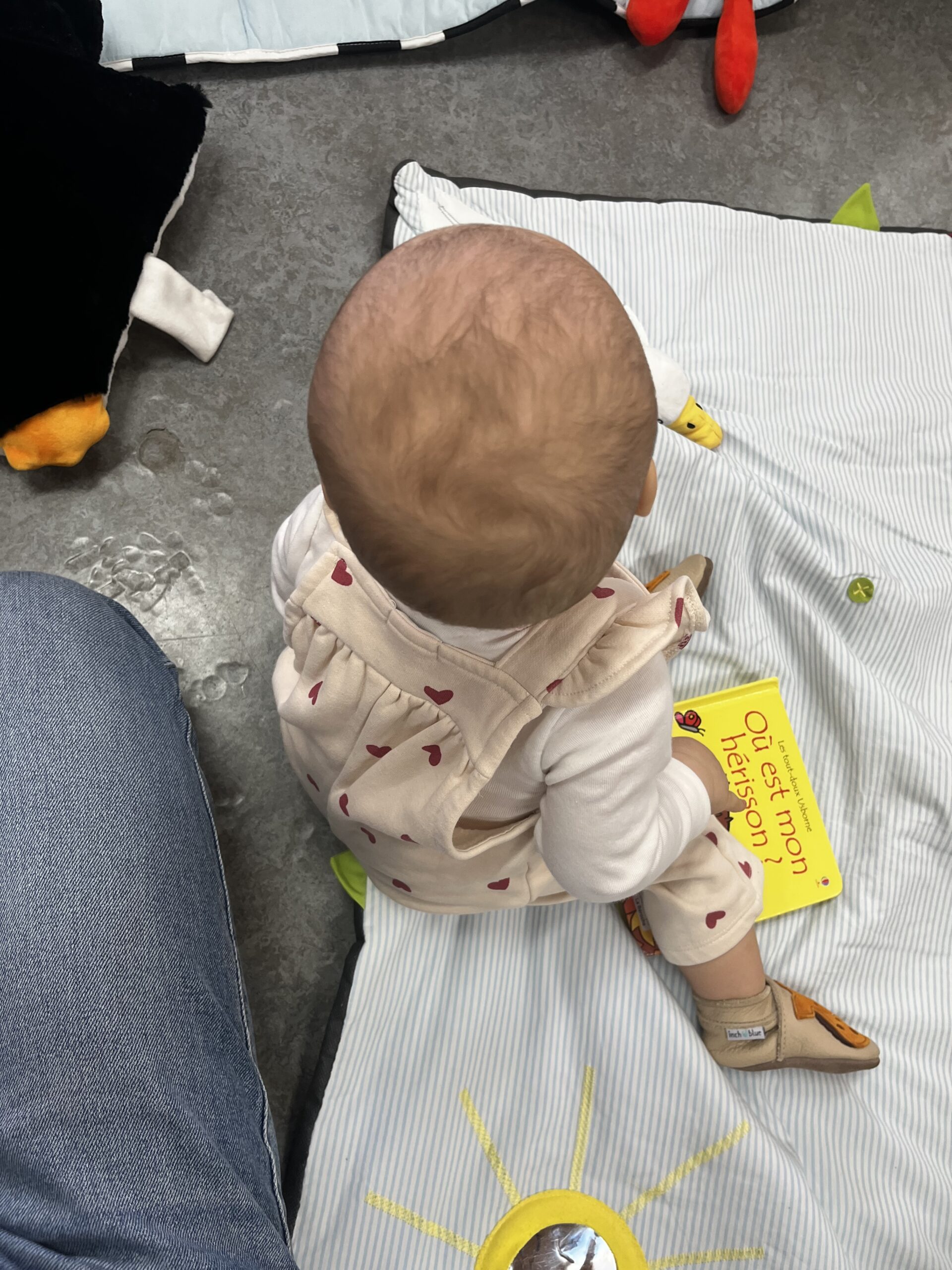 Patachou assise sur un tapis avec un livre jaune