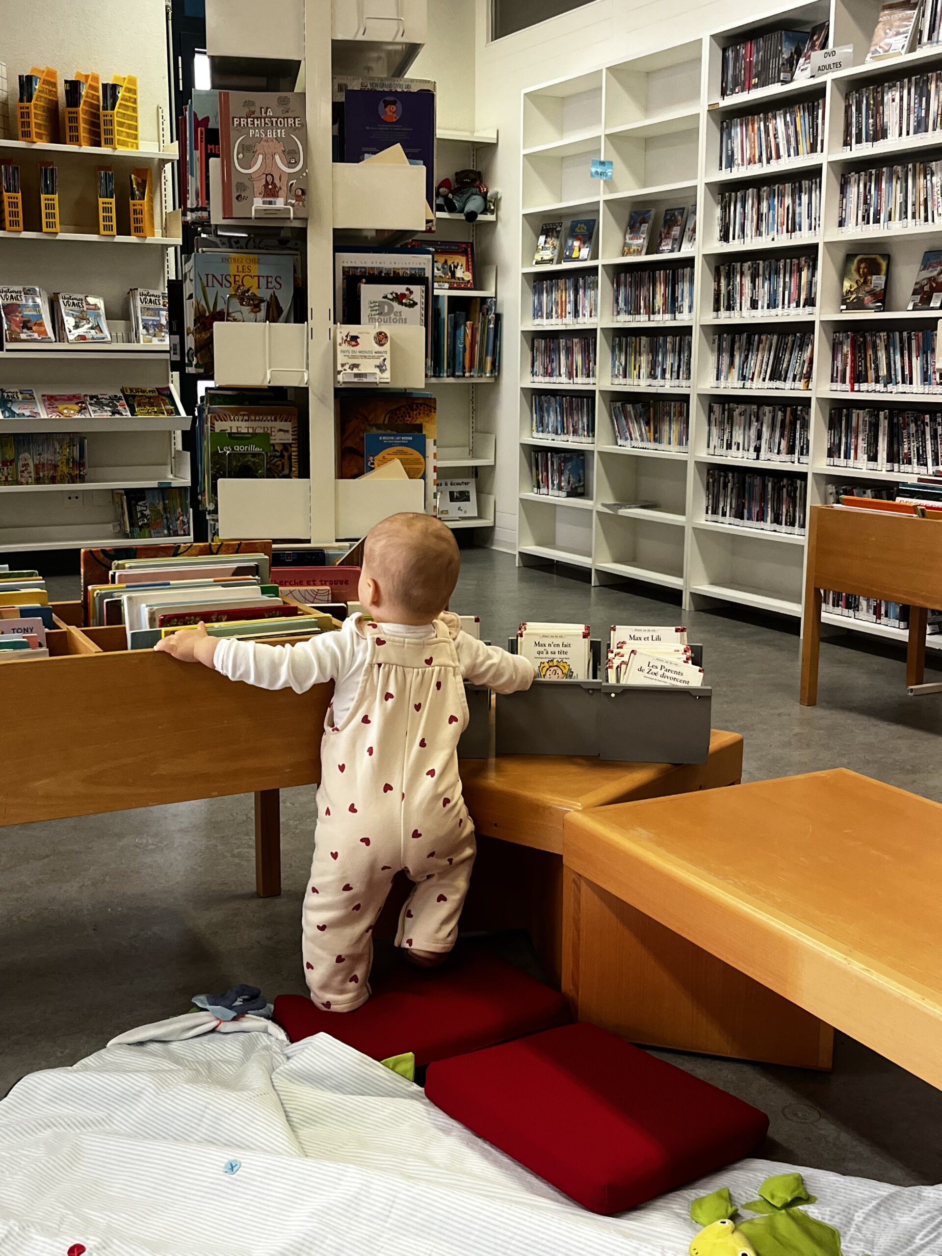 Patachou debout devant les bacs à livres de la bibliothèque